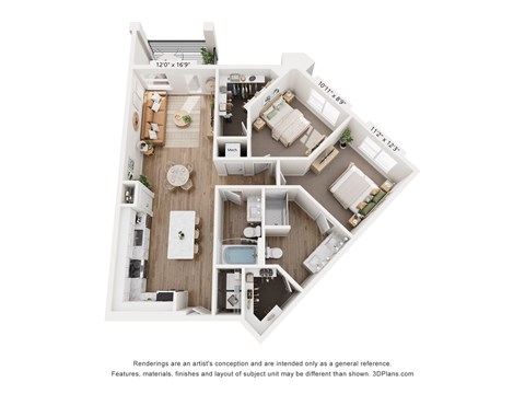 Floor plan for 2 beds, 2 baths, 1125 sqft